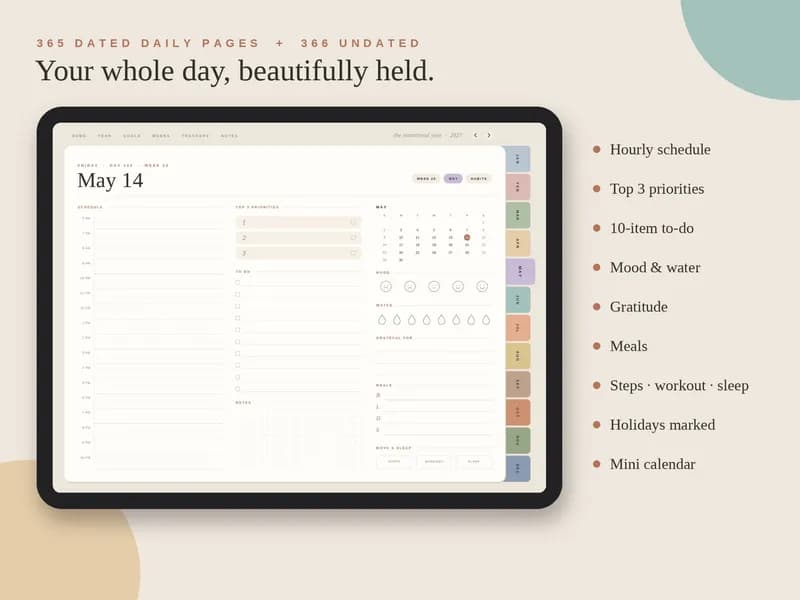 Digital Planner daily page with hourly schedule, top 3 priorities, to-do list, mood, water and meals