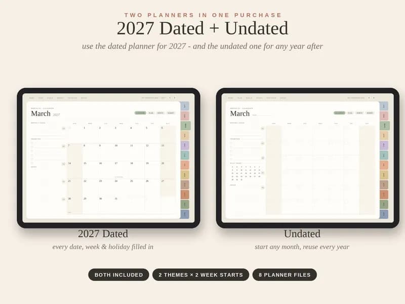 Digital Planner 2027 dated and undated planners, two planners in one purchase