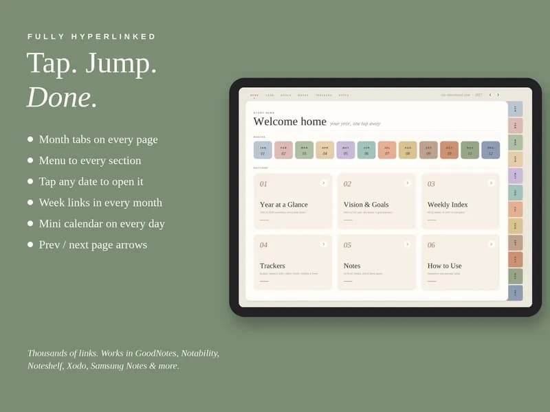 Digital Planner Home Hub on a tablet with month tabs and section links, next to its list of hyperlinks